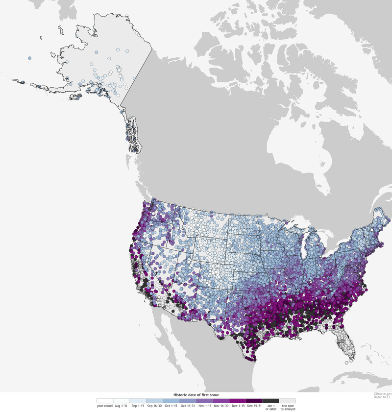 Illustration for article titled Look On This Map of First Snowfalls Across America, Ye Mighty, and DespairÂ